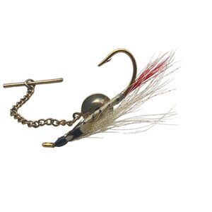 Vintage Fly Fishing Tie Tack Clutch Back Safety Chain Gift Set Gold Tone Angler